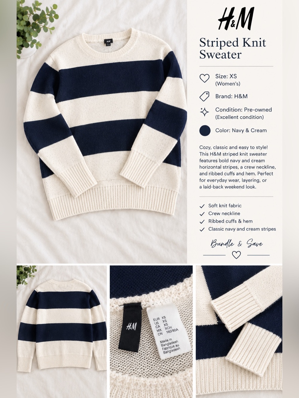 H&M Navy and Cream Wide-Stripe Crewneck Sweater